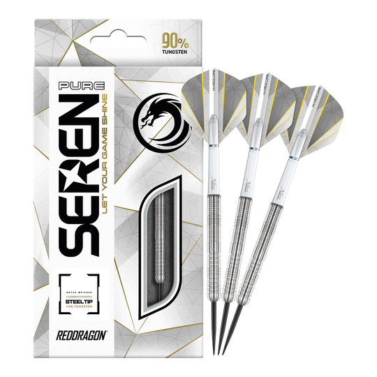 Red Dragon Seren 1 Pure Steeldarts Auf dem Bild sind die Red Dragon Seren 1 Pure Steeldarts und ihre Verpackung zu sehen. Die Darts bestehen zu 90 % aus Tungsten und haben ein elegantes, silbernes Design.