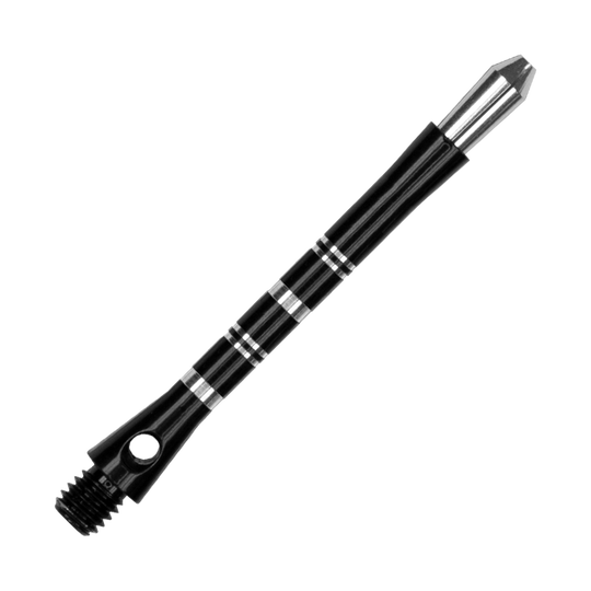 561_Target_Colette_Shafts_Schwarz_47mm_2 Das Bild zeigt einen schwarzen Harrows Colette Shaft für Darts. Der Shaft hat silberne Ringe als Akzente und ein glänzendes, elegantes Design.