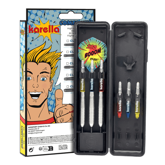 Abgebildet sind die Karella Comic Line CL-4 Steeldarts - 23g. Die Darts haben ein modernes Design und eine spezielle Gewichtsverteilung.