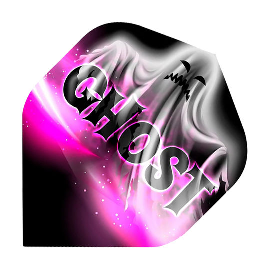 Das Bild zeigt ein Dartflight mit einem Geistermotiv und dem Wort "GHOST" groß darüber geschrieben. Die Farben sind hauptsächlich Schwarz, Weiß und Pink.