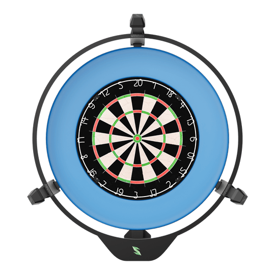 Scolia Home 2 FLEX - Electronic Autoscoring System 2026 Das Bild zeigt das Produkt "Scolia Home 2 FLEX - Elektronisches Punktesystem" für Dartscheiben. Es besteht aus einem runden Rahmen mit Beleuchtung und einer klassischen Dartscheibe in der Mitte.