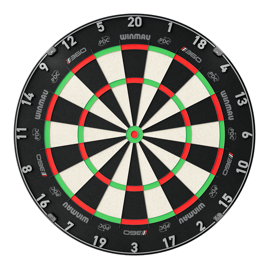 Winmau Blade 6 Triple Core 360 steel dartboard Das Bild zeigt das Winmau Blade 360 Steeldartboard. Es handelt sich um ein modernes Steeldartboard für Dartspieler.