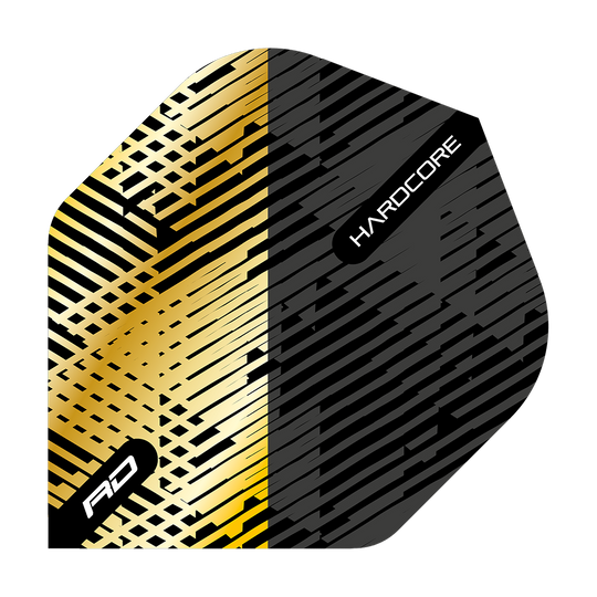 TF6832_Red_Dragon_Hardcore_Premium_Gold_Black_Fleck_Standard_Flights_10z4PO17LRq45a Dieses Bild zeigt ein Dartflight mit einem auffälligen Design in Gold und Schwarz. Auf dem Flight sind die Worte „RD“ und „HARDCORE“ zu sehen.