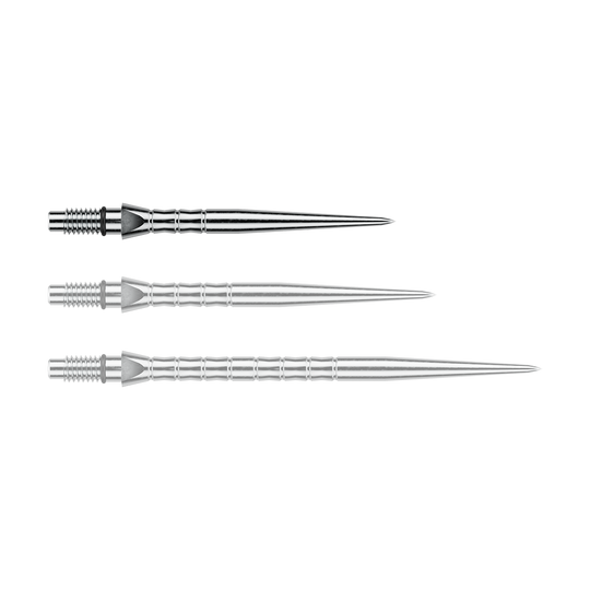 Winmau Switch Point Wave steel dart tips - Silver Effect Das Foto zeigt Winmau Switch Point Wave Silver Effect Steeldartspitzen mit 26 mm. Die silberfarbenen Steeldartspitzen sind in der Nahaufnahme sichtbar.