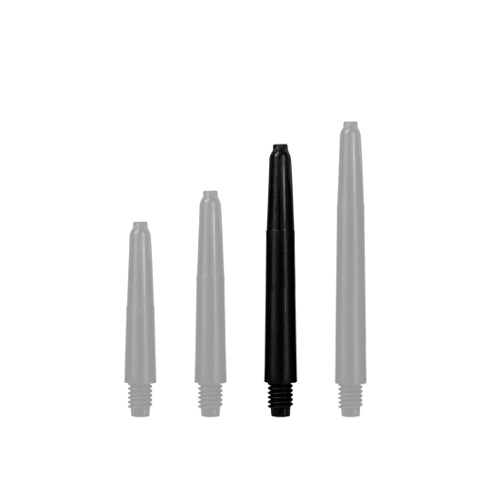 567_Nylon_Shafts_Schwarz_40mm_1Ml4i02i3l4FV7 Das Bild zeigt vier schwarze Nylon Shafts in unterschiedlichen Längen. Sie sind nebeneinander angeordnet und haben ein Schraubgewinde am unteren Ende.