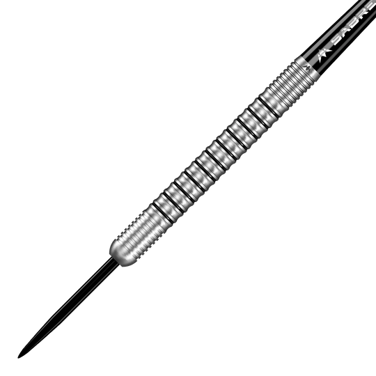 Mission Dominik Grüllich Steeldarts Dieses Bild zeigt einen Mission Dominik Grüllich Steeldart mit einem Gewicht von 23,5 Gramm. Der Dart ist aus silberfarbenem Metall und hat ein geriffeltes Griffstück.