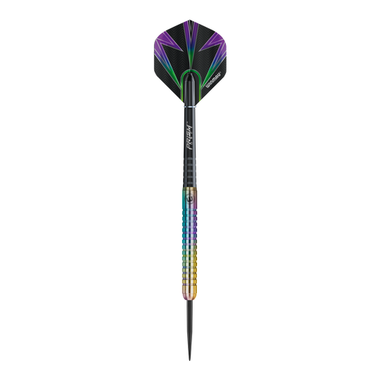 Winmau Foxfire Urban steel darts Das Bild zeigt einen Winmau Foxfire Urban Steeldart mit buntem Schaft und moderner Optik. Die Flight ist schwarz mit lila und grünen Akzenten gestaltet.