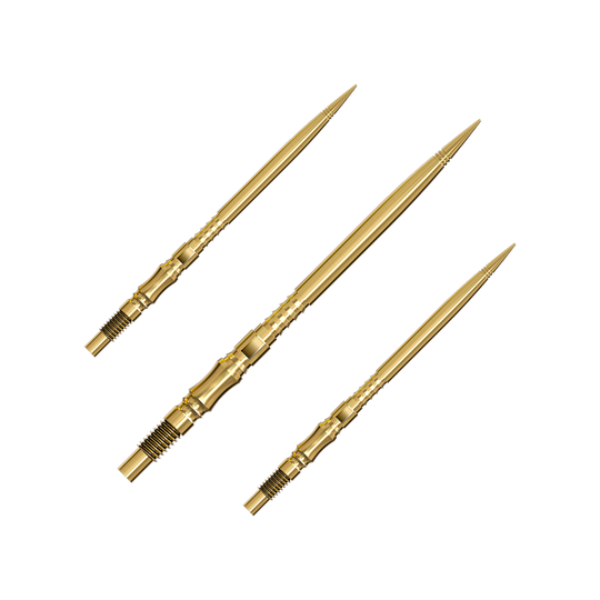 Harrows Quick Point Axis Elite Series Dart Tips - Gold Ein Set von mehreren goldfarbenen Dartspitzen liegt nebeneinander. Die Spitzen sind gut sortiert und übersichtlich angeordnet.