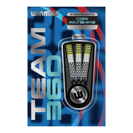 Winmau Team 360 Cori Wiltshire Steel Darts - 24g Gezeigt werden die Winmau Team 360 Cori Wiltshire Steeldarts, 24g schwer. Die Darts bieten hervorragende Kontrolle und Präzision beim Spielen.