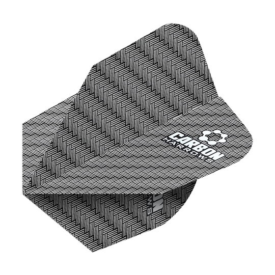 HR53_Harows_Carbon_No6_Flights_Weiss_2 Das Bild zeigt die Harrows Carbon Flights HR53 mit einem schwarz-weißen, gewebten Karbonmuster. Auf der Oberfläche steht in Weiß die Aufschrift "CARBON HARROWS".
