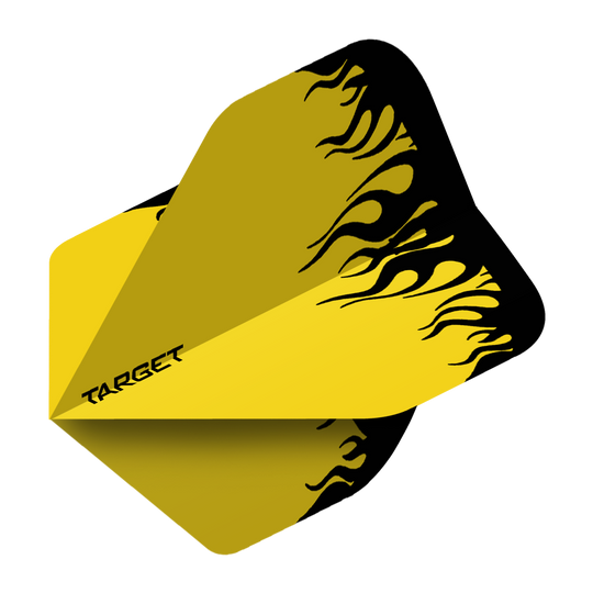 TG83_Target_Yellow_Flame_No2_Standard_Flights_2 Das Bild zeigt das Produkt „Target Yellow Flame No2 Standard Flights“. Die Dart-Flights sind gelb mit schwarzen Flammen und dem Schriftzug "Target".