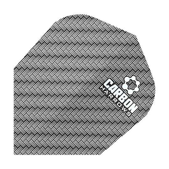 HR53_Harows_Carbon_No6_Flights_Weiss_1 Das Bild zeigt ein Harrows Carbon Flight HR53 für Dartpfeile. Das Flight hat ein schwarzes, gewebtes Karbonmuster und den weißen Aufdruck „CARBON HARROWS“.