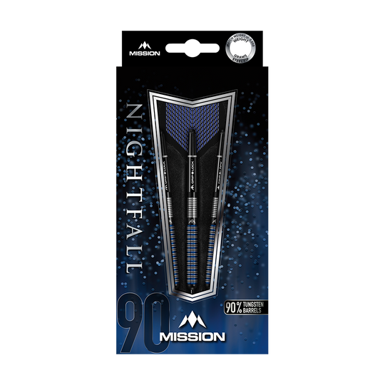 Mission Nightfall Model 1 steel darts Das Bild zeigt die Verpackung der "Mission Nightfall Model 1 Steeldarts". Die Darts bestehen zu 90 % aus Tungsten und sind elegant in einer blau-schwarzen Schachtel präsentiert.