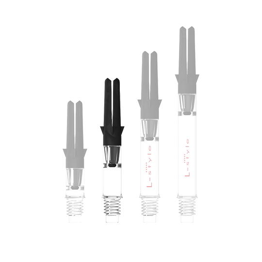 L-L-Style-Shaft Carbon Silent Straight - Clear Abbildung mit dem Namen L-Style L-Shaft Carbon Silent Straight Clear OhneKappen 32mm 1. Es handelt sich wahrscheinlich um einen Schaft für Dartpfeile.