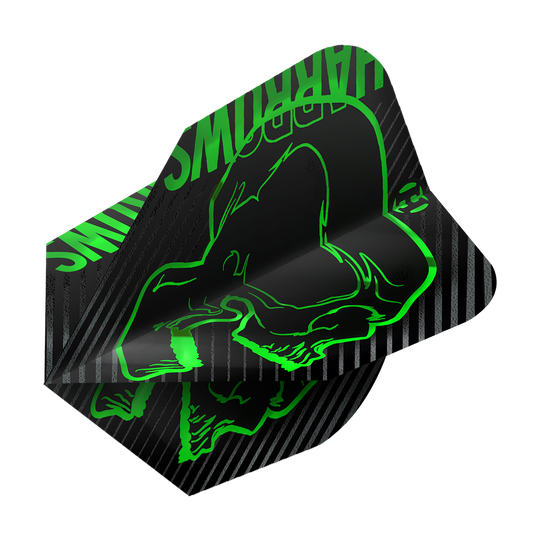 Harrows Rage Green No6 Flights Das Bild zeigt das Produkt "Harrows Rage Green No6 Flights". Die Dart-Flights sind schwarz mit grünen, auffälligen Grafiken und Schriftzügen gestaltet.