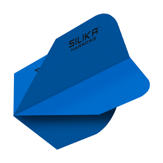 Harrows Silica Solid Tough Crystalline Coating Blue No6 Flights Das Bild zeigt blaue Dartflights mit der Aufschrift "Silika Harrows". Die Flights haben eine feste, kristalline Beschichtung und sind in der Form No6 gestaltet.