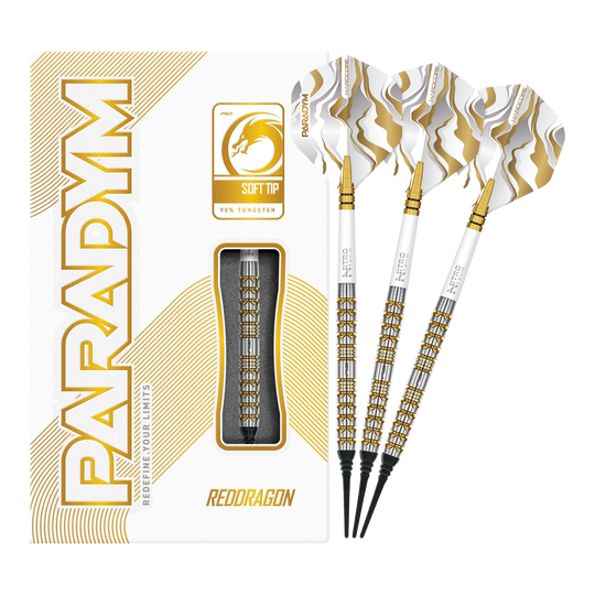 Red Dragon Paradym Gold Parallel Softdarts - 20g Das Bild zeigt die Red Dragon Paradym Gold Parallel Softdarts - 20g in voller Länge. Die goldfarbenen Darts wirken hochwertig und professionell.