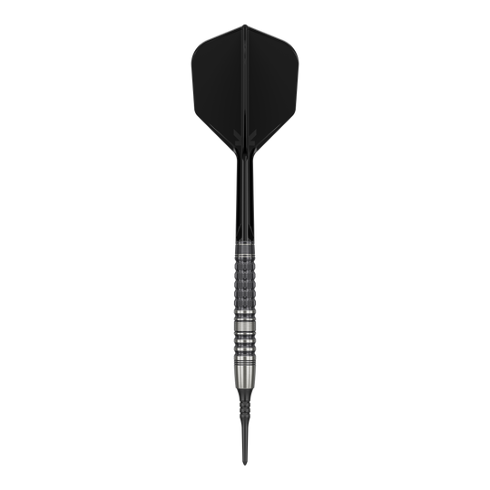 Target Japan Black Marque Lumiere GEN3 Soft Darts - 18.5g Das Bild zeigt einen Softdart mit schwarzer Spitze, schwarzem Shaft und Flight sowie einem silbernen, strukturierten Barrel. Es handelt sich um den "Target Japan Black Marque Lumiere GEN3 Softdarts - 18,5g".
