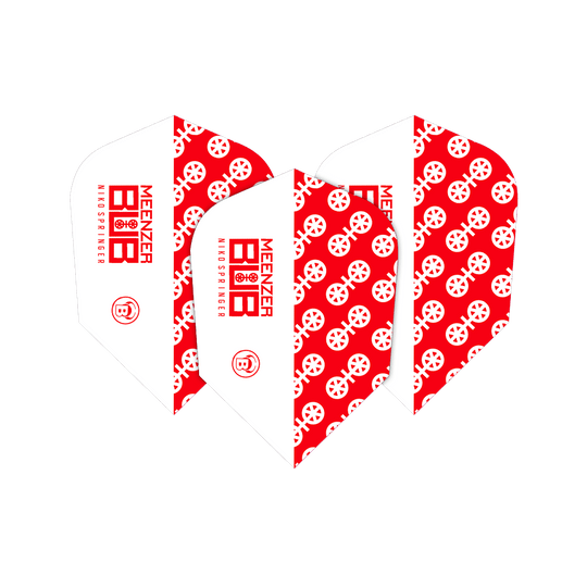 Das Bild zeigt drei Dart-Flights des Modells "Bulls X-Powerflite Niko Springer XXL B-Standard Flights". Die Flights sind rot-weiß gestaltet und mit einem auffälligen Muster sowie dem Schriftzug "MEENZER NIKO SPRINGER" bedruckt.