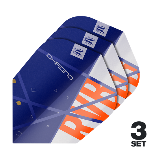 Das Bild zeigt drei Sets der Target Pro Ultra Raymond Van Barneveld Chrono No6 Flights. Die Flights sind hauptsächlich blau mit weißen und orangefarbenen Akzenten gestaltet.