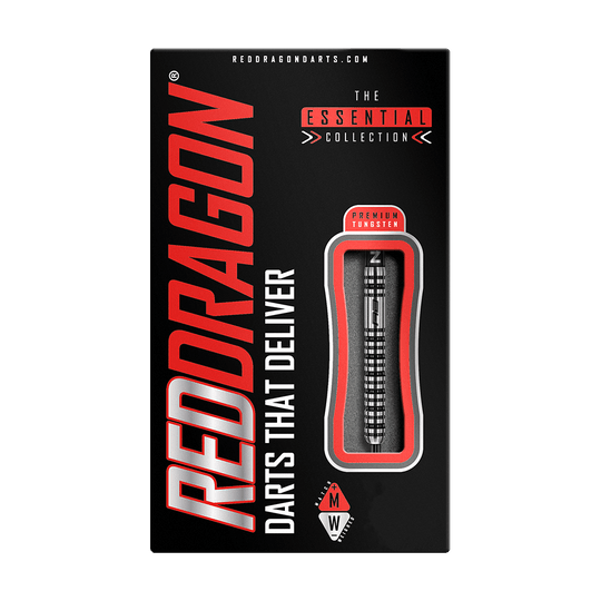 RD1892-RedDragon-Dragonfly-3-Steeldarts-3 Auf dem Bild ist eine Verpackung für Darts der Marke RedDragon zu sehen. In der Mitte der Verpackung befindet sich ein Dartpfeil, und der Schriftzug "DARTS THAT DELIVER" ist deutlich lesbar.