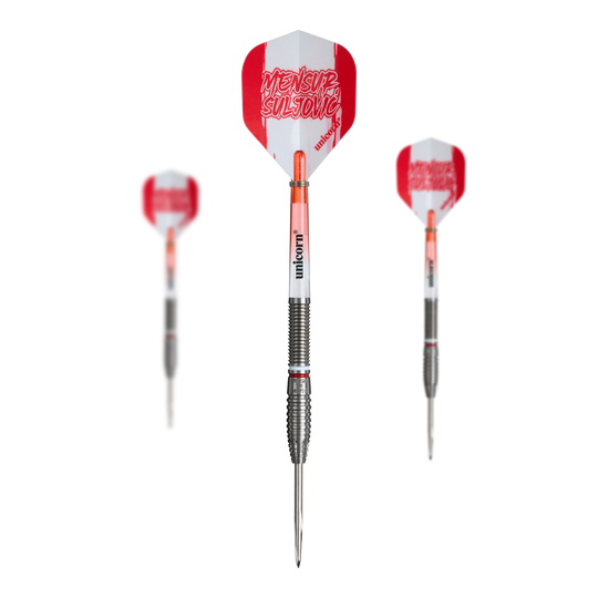 Die Abbildung zeigt Unicorn Mensur Suljovic The Gentle Steeldarts - 23g als Set. Es handelt sich um ein komplettes Dart-Set für ambitionierte Spieler.