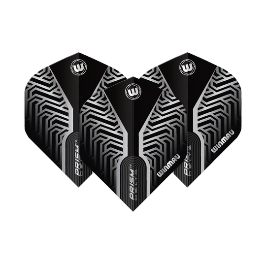 Winmau Prism Delta Silver No2 Standard Flights Dieses Bild zeigt Winmau Prism Delta Silver No2 Standard Flights. Silberne und schwarze Dart-Flights sind dargestellt.
