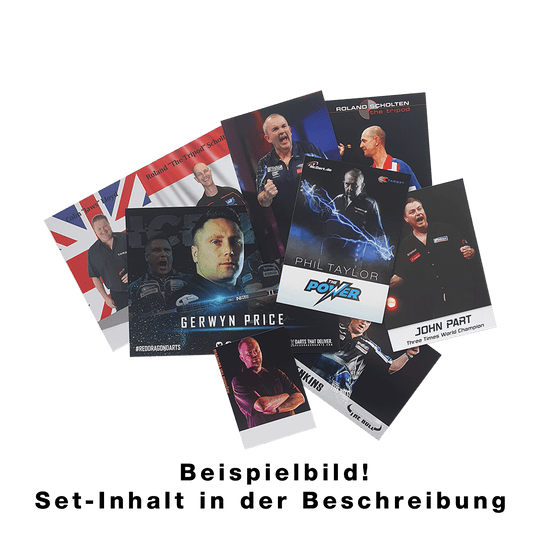 Player card set with autograph Das Bild zeigt ein Set von Spielerkarten mit bekannten Dartspielern. Auf den Karten sind Fotos und Namen der Spieler abgebildet.