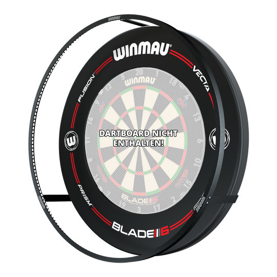 BUNDLE Winmau Plasma LED lighting and surround Das Bild zeigt das Winmau Plasma LED Beleuchtung und Surround Bundle für Dartboards. In der Mitte steht der Hinweis "Dartboard nicht enthalten!".