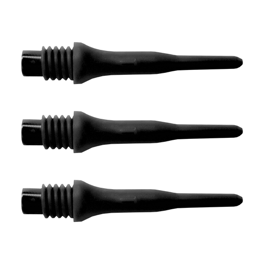 896_Bulls_Tefo_X_Softdart-Spitzen_100erPack_Schwarz_1Skth0HKgmtTar Das Bild zeigt drei schwarze Bull's Tefo X Spitzen, die nebeneinander liegen. Sie sind Ersatzspitzen für Softdartpfeile.