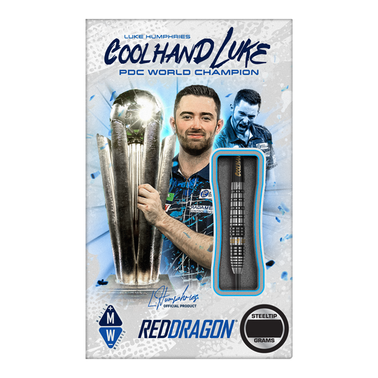 Red Dragon Luke Humphries Prestige Steel Darts Das Bild zeigt das Produkt "Red Dragon Luke Humphries Prestige Steeldarts". Auf der Verpackung ist Luke Humphries mit einem Pokal und einem Steeldart abgebildet.