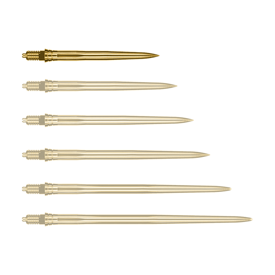 Auf dem Bild ist eine einzelne goldene Dartspitze zu sehen, vermutlich 28mm lang. Es handelt sich um eine Caliburn EZ-EVO Dartspitze der Variante Smooth.