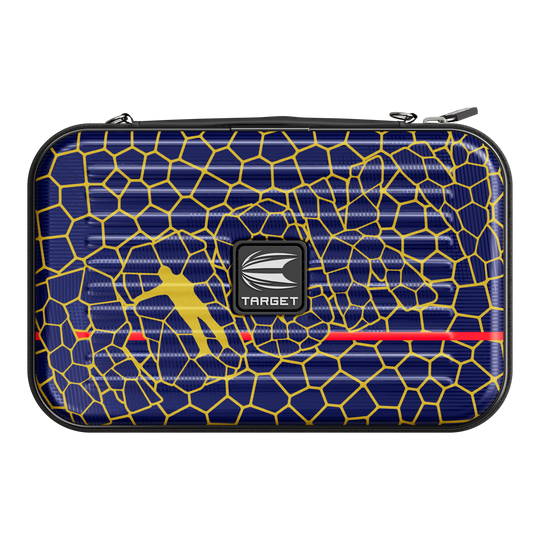 Target Takoma Josh Rock XL dart case Das Bild zeigt ein Dartcase mit dem Namen "Target Takoma Josh Rock XL Dartcase". Das Etui ist dunkelblau mit einem gelben Wabenmuster und hat in der Mitte ein Target-Logo.