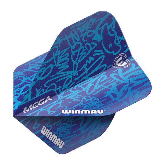 6900-240_Winmau_Mega_Blue_Standard_Flights_2 Das Bild zeigt die Winmau Mega Blue Standard Flights. Sie haben ein auffälliges blaues Design mit hellblauen Schriftzügen und dem Winmau-Logo.