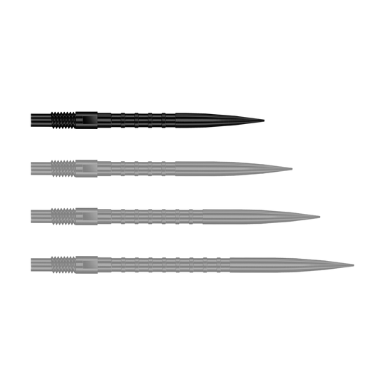 Harrows Quick Point Heavy Metal Dart Tips - Black Das Bild stellt QP33164 Harrows Quick Point HeavyMetalGrip Dartspitzen Schwarz 26mm dar. Diese Dartspitzen sind schwarz und besitzen einen starken Metallgriff.