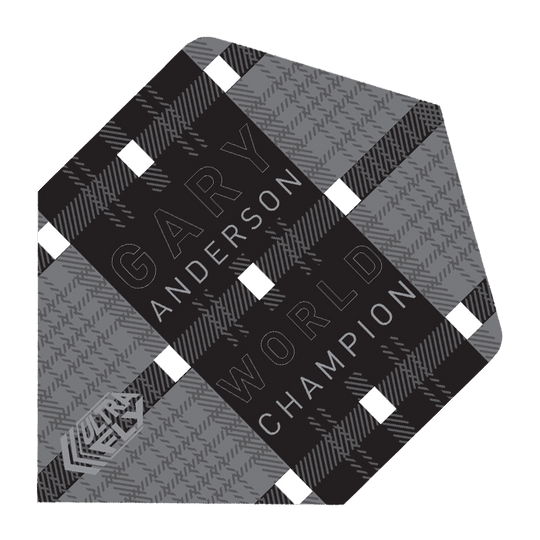 68869-Unicorn-UltraFly-Player-Std-Gary-Anderson-Black Das Bild zeigt ein Dartflight mit schwarzem Karomuster und weißen Akzenten. Auf dem Flight stehen die Wörter "Gary Anderson World Champion".