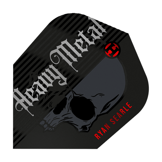 Das Bild zeigt ein Dart-Flight mit dem Aufdruck "Heavy Metal" und einem Totenkopf-Design. Unten rechts steht in roten Buchstaben der Name "Ryan Searle".