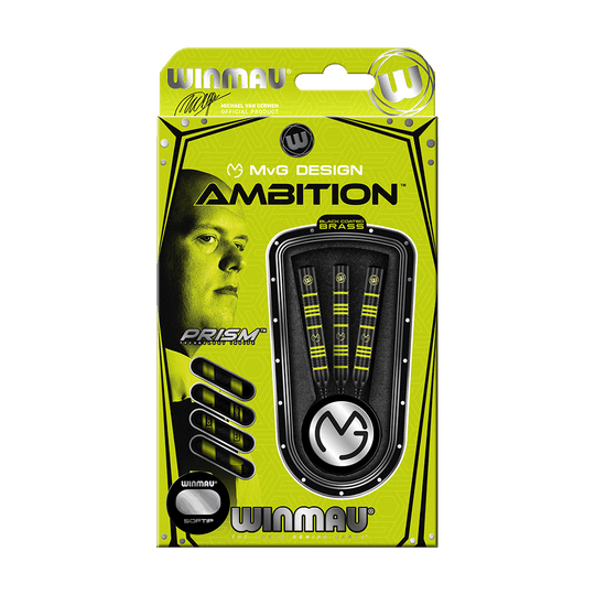 2237_Winmau_Michael_Van_Gerwen_MvG_Ambition_Softdarts_3 Die Abbildung zeigt das Produkt "Winmau Michael Van Gerwen MvG Ambition Softdarts - 20 g" in einer gelben Verpackung. In der Packung sind drei Softdarts zu sehen, daneben ist ein Porträt von Michael Van Gerwen abgedruckt.