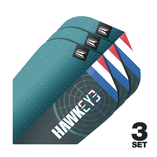Das Bild zeigt drei Sätze von Target Pro Ultra Kevin Doets GEN1 No6 Flights. Die Flights sind überwiegend blau mit einem weißen und roten Streifen und dem Schriftzug "HAWK" darauf.