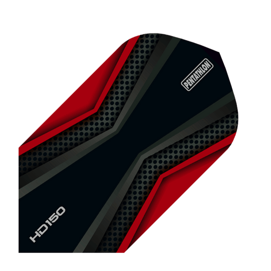 HD-42-HD150-Pentathlon-Red-Black-Flights Das Bild zeigt einen HD 150 Pentathlon Flights Black/Red Slim Dartflug. Das Design ist schwarz mit roten und grauen Akzenten sowie dem Pentathlon-Logo.