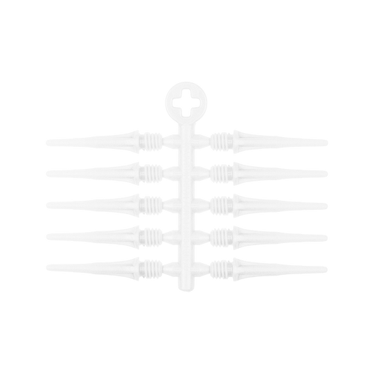 Cosmo Fit Point Plus 2BA Spitzen 19mm (50er Pack) Auf dem Bild sind acht weiße Ersatzspitzen für Dartpfeile zu sehen, die an einem Halter befestigt sind. Oben am Halter befindet sich ein rundes Element mit einem Kreuz in der Mitte.