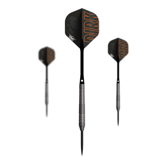 Bulls NL Dirk Van Duijvenbode 80 steel darts Das Bild zeigt drei Steeldarts des Modells "Bulls NL Dirk Van Duijvenbode 80". Die Darts haben schwarze Flights mit dem Schriftzug "DIRK" in orange und silberne, gerillte Griffe.