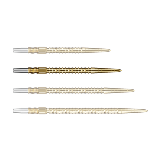 Target Swiss Point Chrono Dart Tips - Gold Auf dem Bild sind vier goldene Dartspitzen mit silbernem Anschluss zu sehen. Sie sind gleichmäßig nebeneinander angeordnet.