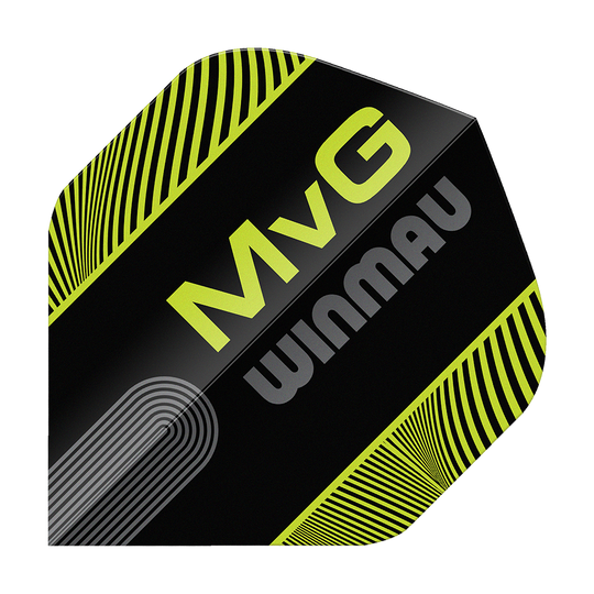 Zu sehen ist das Produkt Winmau Prism Delta MvG Black Green Text No2 Standard Flights. Die Flights sind für Darts, in den Farben Schwarz und Grün mit Text.