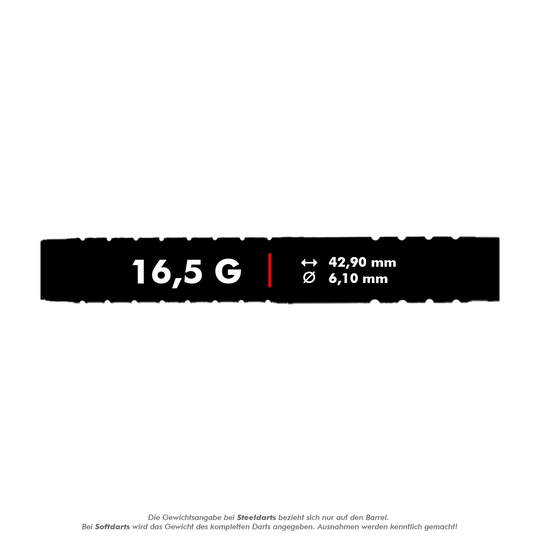 McDart 85 Tungsten V15 Softdarts - 16.5g Das Bild zeigt die technischen Daten des Produkts "McDart 85er Tungsten V15 Softdarts - 16,5g". Der Dart wiegt 16,5 Gramm, ist 42,90 mm lang und hat einen Durchmesser von 6,10 mm.