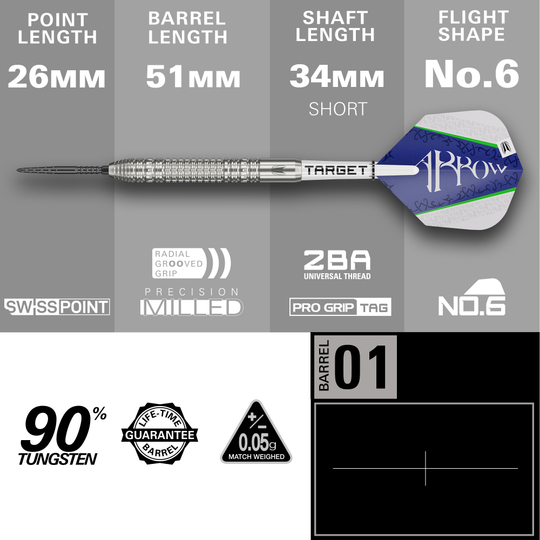Target Shane McGuirk GEN1 Swiss Point Steel Darts - 23g Das Bild zeigt den Target Shane McGuirk GEN1 Swiss Point Steeldart mit einem Gewicht von 23g. Die wichtigsten Maße sind: Spitzenlänge 26mm, Barrellänge 51mm, Schaftlänge 34mm (kurz) und Flightform No.6.