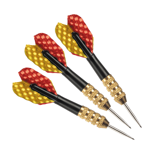 HA01224_Harrows_Mini_Steeldarts_1 Das Bild zeigt drei Harrows Mini Steeldarts mit goldfarbenen Griffen. Ihre Flights sind rot und gelb gemustert.