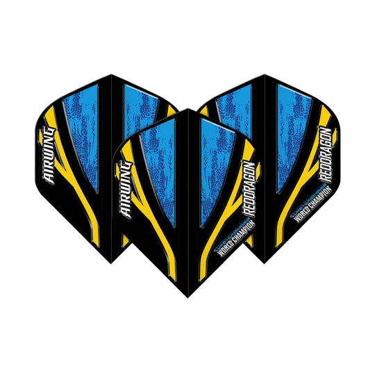 Red Dragon Airwing Luke Humphries World Champion Black Blue Standard Flights Das Bild zeigt drei Dartflights mit dem Namen "Red Dragon Airwing Luke Humphries World Champion Black Blue Standard Flights". Die Flights sind überwiegend blau und schwarz mit gelben Akzenten und weißer Schrift.