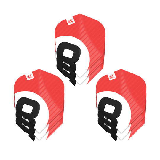 337211_Target_ProUltra_3Sets_Chicane_Red_No6_Flights_1FZW9QIOcHUd3X Das Bild zeigt drei Sets der Target Pro Ultra Chicane Red No6 Flights. Die Flights sind überwiegend rot mit weißen und schwarzen Designelementen.