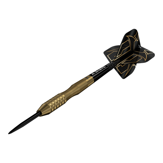 Mission Viktor Tingstrom Gold Steel Darts - 22g Mission Viktor Tingstrom Gold Steeldarts - 22g wird im Bild präsentiert. Die Abbildung verdeutlicht die goldene Oberfläche der Darts.